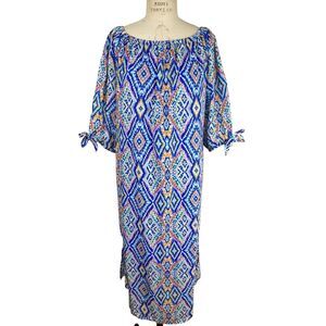 Colleen Lopez Women Midi Shift Dress Large Royal Blue Diamond Hippie Boho Kaftan